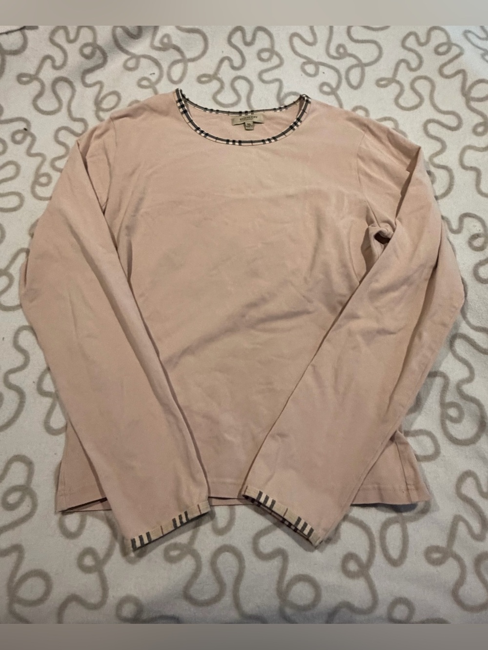 Burberry Pale Pink Long Sleeve Tee with Check Trim